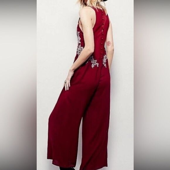 Free People Super hot Burgundy Romper with Floral Lace - Picture 2 of 5